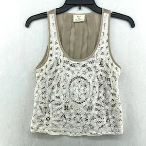 Pins & Needles Tank Top Womens XS Brown White Battenburg Lace Cropped Scoop Neck